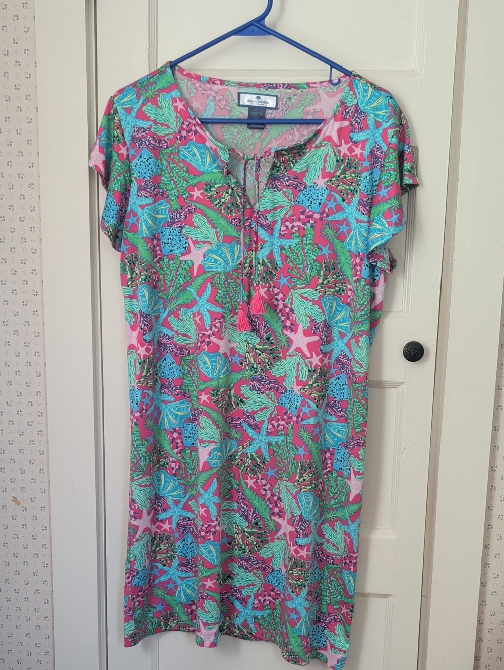 🩵 🩷 Stella Parker M Dress  Island Tropical Print Tassel Tie Beach Ocean Shell